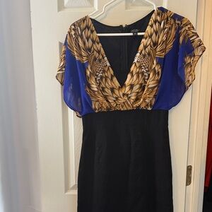 Nicole Elegant Black and Blue Midi Dress with Gold Accents